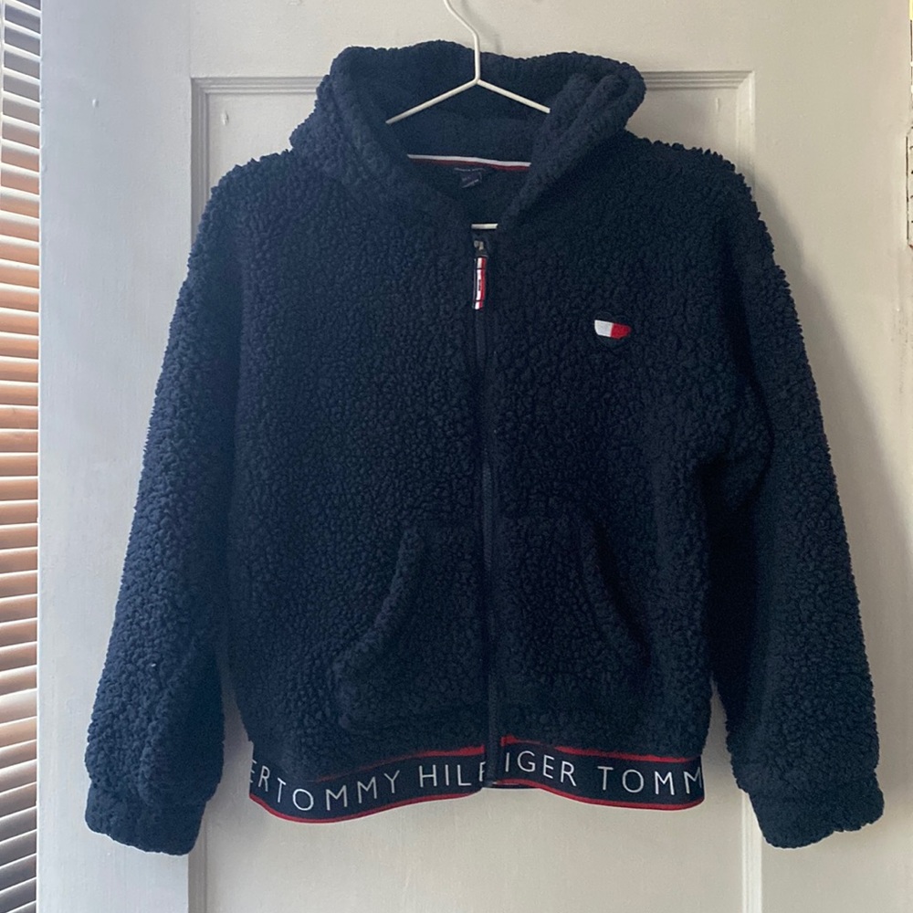 Tommy Hilfiger cropped sherpa fleece; hooded; full zip
